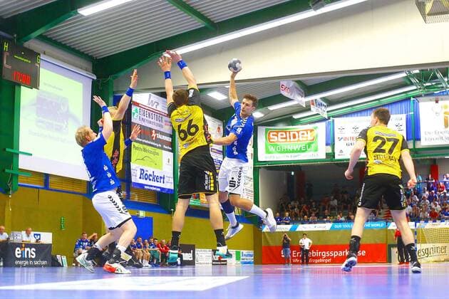 Adrian Kammlodt Aue further from left Bengt Bornhorn Aue , Stepan Zeman Coburg and Pontus Zetterman Coburg Handball 2 League 2019 20 EHV Aue HSC 2000 Coburg at 1 9 2019 EHV Aue HSC 2000 Coburg