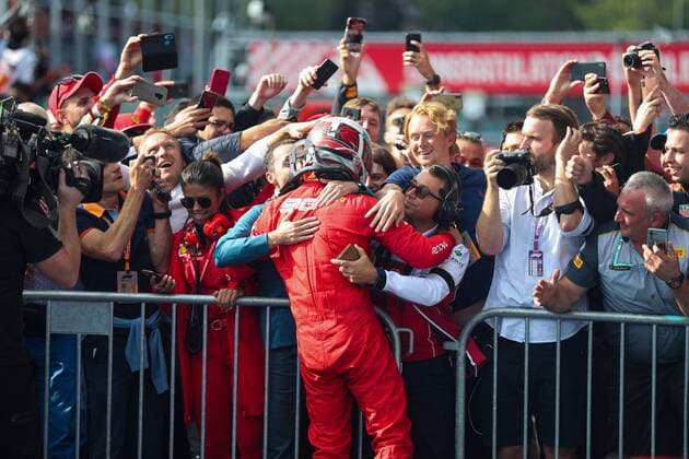 (190902) -- SPA-FRANCORCHAMPS, Sept. 2, 2019 -- Charles Leclerc (Front) of Ferrari celebrates with his team members after the Formula 1 Belgian Grand Prix at Spa-Francorchamps Circuit, Belgium, Sept. 1, 2019. ) (SP)BELGIUM-SPA-FRANCORCHAMPS-F1-BELGIAN GRAND PRIX ZhengxHuansong 