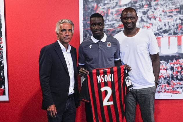 Jean Pierre Rivere (president de l OGC Nice) - Stanley Nsoki (OGC Nice) - Patrick Vieira (Entraineur de l OGC Nice) FOOTBALL : Conference de presentation de Stanley Nsoki - Nice - 03 09 2019 NorbertScanella PanoramiC 