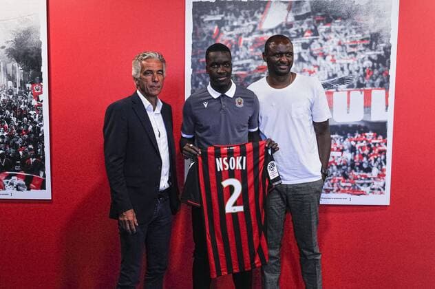 Jean Pierre Rivere (president de l OGC Nice) - Stanley Nsoki (OGC Nice) - Patrick Vieira (Entraineur de l OGC Nice) FOOTBALL : Conference de presentation de Stanley Nsoki - Nice - 03 09 2019 NorbertScanella PanoramiC 