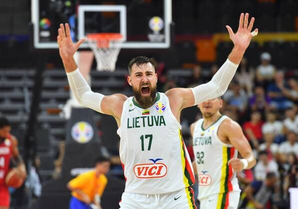 (190903) -- DONGGUAN, Sept. 3, 2019 -- Jonas Valanciunas of Lithuania celebrates after the group H match between Lithuania and Canada at the 2019 FIBA World Cup in Dongguan, south China s Guangdong Province, Sept. 3, 2019. ) (SP)CHINA-DONGGUAN-BASKETBALL WM FIBA WORLD CUP-GROUP H-LITHUANIA VS CANADA (CN) ZhuxZheng 