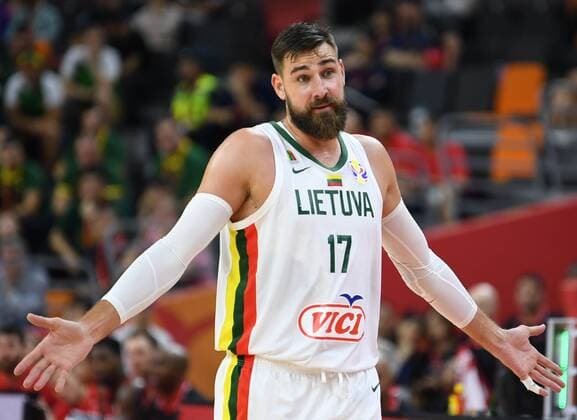 (190903) -- DONGGUAN, Sept. 3, 2019 -- Jonas Valanciunas of Lithuania reacts during the group H match between Lithuania and Canada at the 2019 FIBA World Cup in Dongguan, south China s Guangdong Province, Sept. 3, 2019. ) (SP)CHINA-DONGGUAN-BASKETBALL WM FIBA WORLD CUP-GROUP H-LITHUANIA VS CANADA (CN) DengxHua 