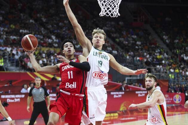 DONGGUAN, CHINA - SEPTEMBER 03: Andrew Nembhard 11 of Canada goes to the basket against Mindaugas Kuzminskas 19 of Lithuania during FIBA WM World Cup 2019 Group H match between Lithuania and Canada at Dongguan Basketball Centre on September 3, 2019 in Dongguan, Guangdong Province of China.  Copyright: xVCGx CFP111244090240 