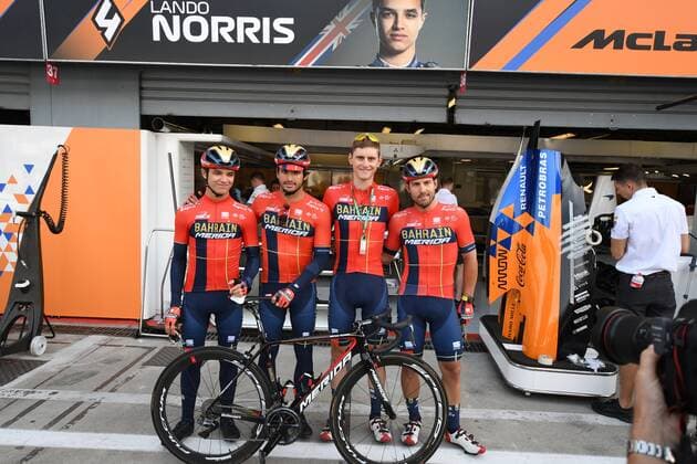 Lando Norris 4, McLaren F1 Team and Carlos Sainz 55, McLaren F1 Team both left posing in cycling outfits, Formula 1, Italian Grand Prix, 05 09 2019 Formula 1, Italian Grand Prix, 05 09 2019 Monza Copyright: xSchustx Eibner-Pressefotox EP_Schust