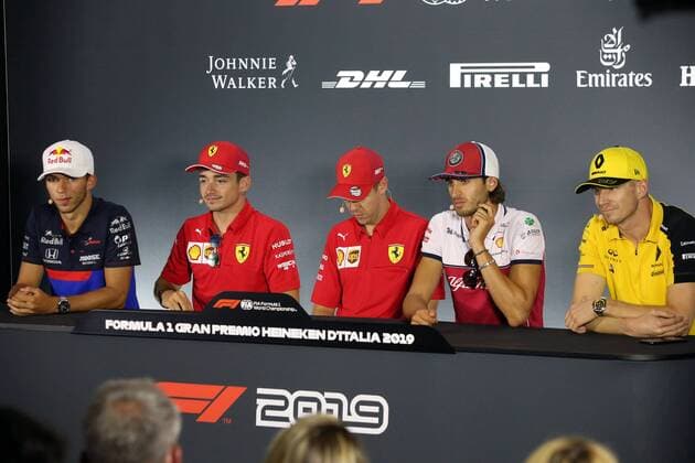 Photo4 LaPresse 05 09 2019 Monza, Italy Grand Prix Formula One Italia 2019 In the pic: press conference, PK, Pressekonferenz Pierre Gasly (FRA) Scuderia Toro Rosso STR14 Charles Leclerc (MON) Scuderia Ferrari SF90 Sebastian Vettel (GER) Scuderia Ferrari SF90 Antonio Giovinazzi (ITA) Alfa Romeo Racing C38 Nico Hulkenberg (GER) Renault Sport F1 Team RS19  Copyright: xPhoto4 LaPressex