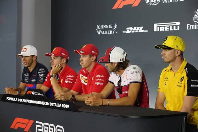 Photo4 LaPresse 05 09 2019 Monza, Italy Grand Prix Formula One Italia 2019 In the pic: press conference, PK, Pressekonferenz Pierre Gasly (FRA) Scuderia Toro Rosso STR14 Charles Leclerc (MON) Scuderia Ferrari SF90 Sebastian Vettel (GER) Scuderia Ferrari SF90 Antonio Giovinazzi (ITA) Alfa Romeo Racing C38 Nico Hulkenberg (GER) Renault Sport F1 Team RS19  Copyright: xPhoto4 LaPressex