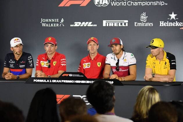 V l n r Pierre Gasly 10, Red Bull Toro Rosso Honda , Charles Leclerc 16, Scuderia Ferrari Mission Winnow , Sebastian Vettel 5, Scuderia Ferrari Mission Winnow , Antonio Giovinazzi 99, Alfa Romeo Racing and Nico Huelkenberg 27, Renault F1 Team at the press conference, Formula 1, Italian Grand Prix, 05 09 2019 Formula 1, Italian Grand Prix, 05 09 2019 Monza Copyright: xSchustx Eibner-Pressefotox EP_Schust