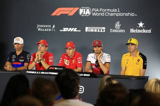 5th September 2019; Autodromo Nazionale, Monza, Italy; Formula 1 Grand Prix of Italy, team arrival day; Scuderia Toro Rosso, Pierre Gasly, Scuderia Ferrari, Charles Leclerc and Sebastian Vettel, Alfa Romeo Racing, Antonio Giovinazzi and Renault F1 Team, Nico Hulkenberg during the press conference, PK, Pressekonferenz - Editorial Use Only. ActionPlus12165316 Octane