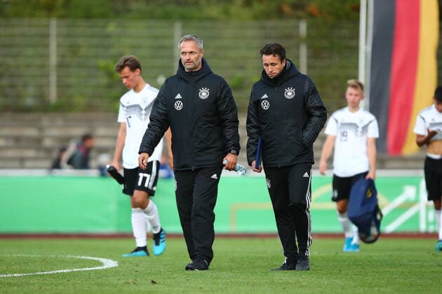 Christian Wueck Germany, left with co coach Dennis Lamby Germany vs Belgium, U17 international, 05 09 2019 DFB regulations prohibit any use of photographs as image sequences and or quasi video Germany vs Belgium, U17 international, 05 09 2019 Hilden Copyright: xEIBNER RenexWeissx EP_RWS