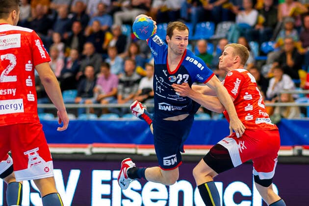 Bietigheim, Germany 06 September 2019 2 BL 19 20 SG BBM Bietigheim vs. TUSEM Essen v left in duel Jonas Link SG BBM Bietigheim and Lucas Firnhaber Tusem Essen Bietigheim Egetrans Arena Baden Württemberg Germany