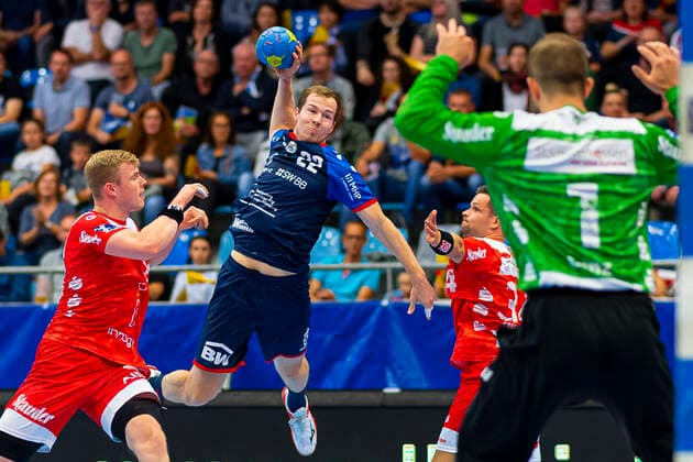 Bietigheim, Germany 06 September 2019 2 BL 19 20 SG BBM Bietigheim vs TUSEM Essen vs Lucas Firnhaber Tusem Essen , Jonas Link SG BBM Bietigheim , Goalkeeper Frederik Genz Tusem Essen Bietigheim Egetrans Arena Baden Württemberg Germany