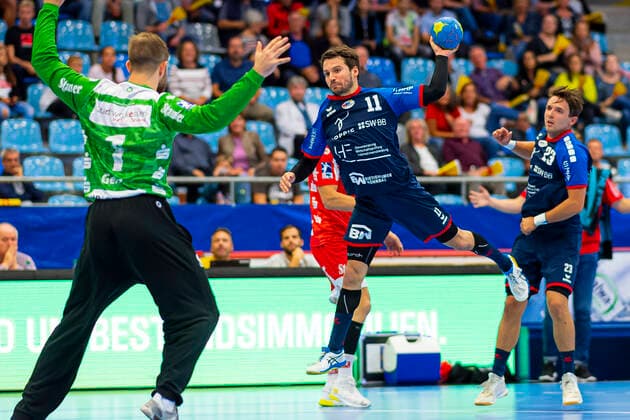 Bietigheim, Germany 06 September 2019 2 BL 19 20 SG BBM Bietigheim vs TUSEM Essen vs li Goalkeeper Frederik Genz Tusem Essen , Christian Schäfer Schaefer SG BBM Bietigheim , Jan Asmuth SG BBM Bietigheim Bietigheim Egetrans Arena Baden Württemberg Germany