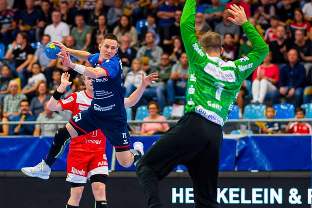 Bietigheim, Germany 06 September 2019 2 BL 19 20 SG BBM Bietigheim vs TUSEM Essen v left Martin Marcec SG BBM Bietigheim , Goalkeeper Frederik Genz Tusem Essen Bietigheim Egetrans Arena Baden Württemberg Germany