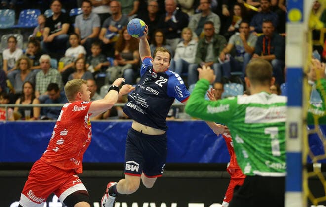 Bietigheim , Handball 2 Bundesliga SG BBM Bietigheim vs TuSEM Essen , middle Jonas Link BBM , right Fredrik Genz Essen