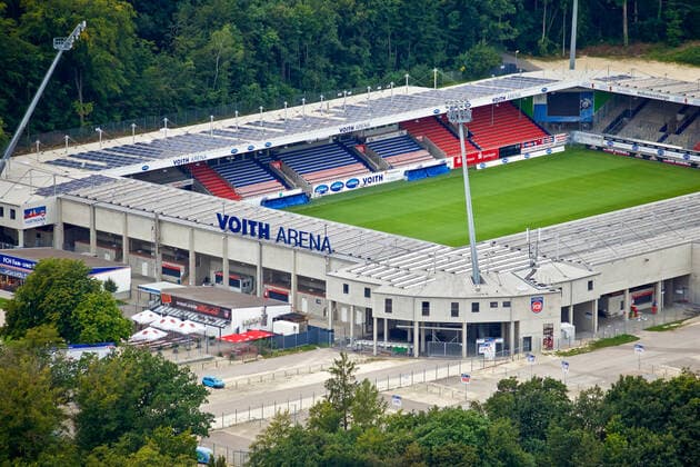 Heidenheim from an aerial perspective, The district town of Heidenheim Baden Württemberg from an aerial perspective on 06 09 2019 Taken from a hot-air balloon On the picture Voith Arena as home venue of the second division soccer team 1 FC Heidenheim 1846 The facility currently has over 15 000 seats Heidenheim Baden Württemberg Germany Heidenheim Copyright: xÂ©xonw-images.de DennisxStraubx