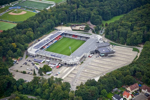 Heidenheim from an aerial perspective, The district town of Heidenheim Baden Württemberg from an aerial perspective on 06 09 2019 Taken from a hot-air balloon On the picture Voith Arena as home venue of the second division soccer team 1 FC Heidenheim 1846 The facility currently has over 15 000 seats Heidenheim Baden Württemberg Germany Heidenheim Copyright: xÂ©xonw-images.de DennisxStraubx