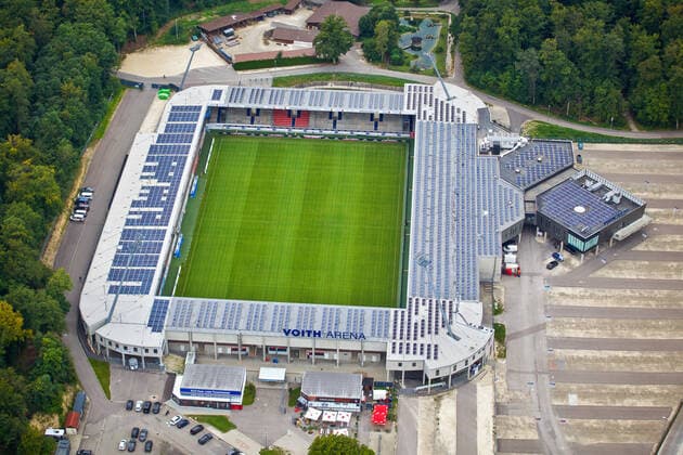Heidenheim from an aerial perspective, The district town of Heidenheim Baden Württemberg from an aerial perspective on 06 09 2019 Taken from a hot-air balloon On the picture Voith Arena as home venue of the second division soccer team 1 FC Heidenheim 1846 The facility currently has over 15 000 seats Heidenheim Baden Württemberg Germany Heidenheim Copyright: xÂ©xonw-images.de DennisxStraubx