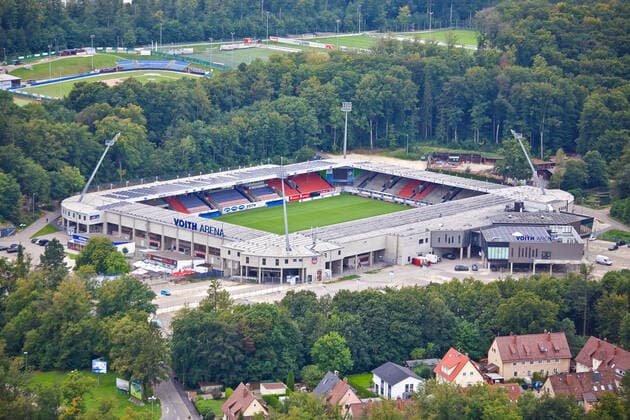 Heidenheim from an aerial perspective, The district town of Heidenheim Baden Württemberg from an aerial perspective on 06 09 2019 Taken from a hot-air balloon On the picture Voith Arena as home venue of the second division soccer team 1 FC Heidenheim 1846 The facility currently has over 15 000 seats Heidenheim Baden Württemberg Germany Heidenheim Copyright: xÂ©xonw-images.de DennisxStraubx
