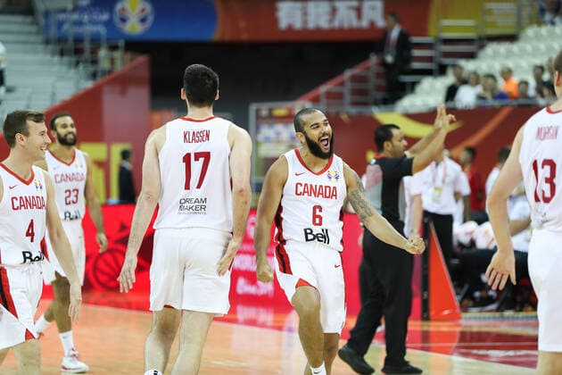 (190907) -- SHANGHAI, Sept. 7, 2019 -- Cory Joseph (4th L) of Canada celebrates after scoring during the group P match between Canada and Jordan at the 2019 FIBA World Cup in Shanghai, east China, on Sept. 7, 2019. ) (SP)CHINA-SHANGHAI -BASKETBALL-FIBA WORLD CUP-GROUP P-CANADA VS JORDAN(CN) DingxTing 