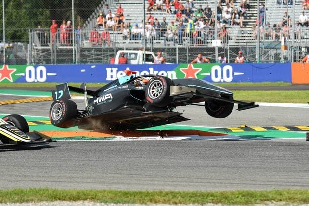 Keyvan Andres 12 flies over the curbs in the first corner, FIA Formula 3, 1 race, Formula 1, Grand Prix of Italy, 07 09 2019 Formula 1, Grand Prix of Italy, 07 09 2019 Monza Copyright: xEIBNER Florian_Schustx ep_fsu