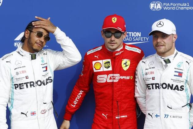Motorsports: FIA Formula One World Championship, WM, Weltmeisterschaft 2019, Grand Prix of Italy, 44 Lewis Hamilton (GBR, Mercedes AMG Petronas Motorsport), 16 Charles Leclerc (MCO, Scuderia Ferrari Mission Winnow), 77 Valtteri Bottas (FIN, Mercedes AMG Petronas Motorsport), Monza Italy