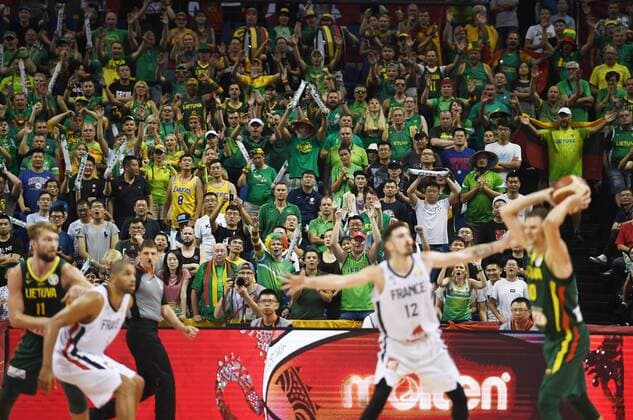 (190907) -- NANJING, Sept. 7, 2019 -- Fans of Lithuania watch the game on the stand the group L match between France and Lithuania at the 2019 FIBA World Cup in Nanjing, east China s Jiangsu Province, Sept. 7, 2019. ) (SP)CHINA-NANJING-BASKETBALL-FIBA WORLD CUP-GROUP L-FRA VS LTU(CN) HanxYuqing 