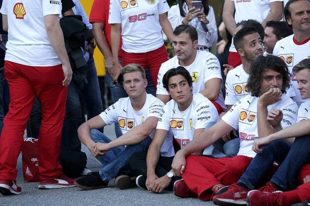FORMULA 1 GRAN PREMIO HEINEKEN D ITALIA 2019 07 09 2019, Autodromo Nazionale di Monza, Monza, FORMULA 1 GRAN PREMIO HEINEKEN D ITALIA 2019, in the picture group picture of Ferrari for the 90th anniversary, with Sebastian Vettel GER 5 , Scuderia Ferrari Mission Winnow and Charles Leclerc MCO 16 , Scuderia Ferrari Mission Winnow, Mick Schumacher nordphotoxBratic nph00250
