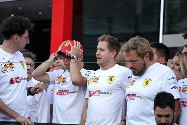 FORMULA 1 GRAN PREMIO HEINEKEN D ITALIA 2019 07 09 2019, Autodromo Nazionale di Monza, Monza, FORMULA 1 GRAN PREMIO HEINEKEN D ITALIA 2019, in the picture group picture of Ferrari for the 90th anniversary, with Sebastian Vettel GER 5 , Scuderia Ferrari Mission Winnow and Charles Leclerc MCO 16 , Scuderia Ferrari Mission Winnow nordphotoxBratic nph00250