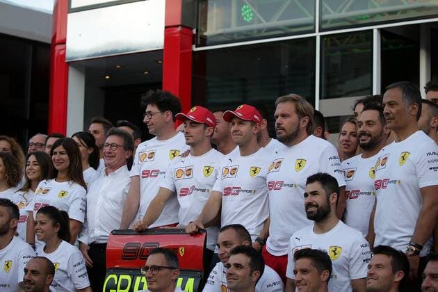 FORMULA 1 GRAN PREMIO HEINEKEN D ITALIA 2019 07 09 2019, Autodromo Nazionale di Monza, Monza, FORMULA 1 GRAN PREMIO HEINEKEN D ITALIA 2019, in the picture group picture of Ferrari for the 90th anniversary, with Sebastian Vettel GER 5 , Scuderia Ferrari Mission Winnow and Charles Leclerc MCO 16 , Scuderia Ferrari Mission Winnow nordphotoxBratic nph00250