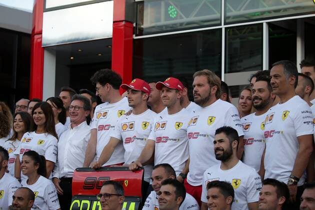 FORMULA 1 GRAN PREMIO HEINEKEN D ITALIA 2019 07 09 2019, Autodromo Nazionale di Monza, Monza, FORMULA 1 GRAN PREMIO HEINEKEN D ITALIA 2019, in the picture group picture of Ferrari for the 90th anniversary, with Sebastian Vettel GER 5 , Scuderia Ferrari Mission Winnow and Charles Leclerc MCO 16 , Scuderia Ferrari Mission Winnow nordphotoxBratic nph00250