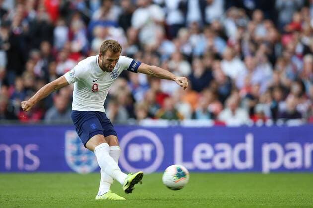 Harry Kane of England scores his third goal of the game with a penalty during the European 2020 Championship Qualifying match at Wembley Stadium, London. Picture date: 7th September 2019. Picture credit should read: James Wilson Sportimage EDITORIAL USE ONLY. No use with unauthorised audio, video, data, fixture lists, club league logos or live services. Online in-match use limited to 120 images, no video emulation. No use in betting, games or single club league player publications. SPI-0193-0026