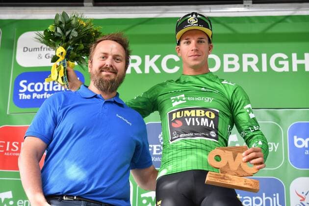 Dylan Groenewegen NED Team Jumbo Visma wins the 1 stage of the 16 Tour of Britain 2019 and at the same time can be happy about the leading jersey in the overall standings and celebrate podium award ceremony honour honour ceremony celebration jubilation joy luck emotion emotions mimic mimic gestures Gestic Landscape Landscape Event Event 16 OVO Energy Tour of Britain 1 Stage Stage 1 Glasgow to to Kirkcudbright 201 5 km Place Location Kirkcudbright Region Dumfries and Galloway Land Country Scotland Scotland Date Date 07 09 2019 Cycling Cycling 16 OVO Energy Tour of Britain 1 Stage 07 09 2019