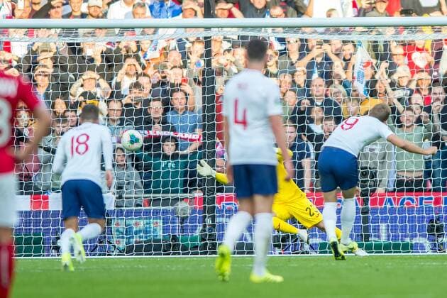 Harry Kane of England scores with a penalty his second goal during the UEFA 2020 European Championship, EM, Europameisterschaft Qualifier match between England and Bulgaria at Wembley Stadium, London, England on 7 September 2019. Copyright: xSalvioxCalabresex 24620034