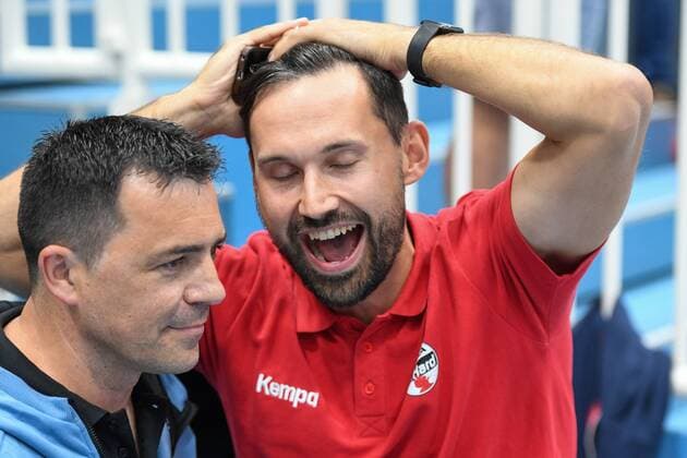 HANDBALL - EHF Cup, Hard vs Bozen HARD,AUSTRIA,07.SEP.19 - HANDBALL - EHF Cup, qualification, HC Hard vs SSV Bozen. Image shows the rejoicing of berry Novacic and Alexander Kathrein (Hard). GEPAxpictures xOliverxLerch