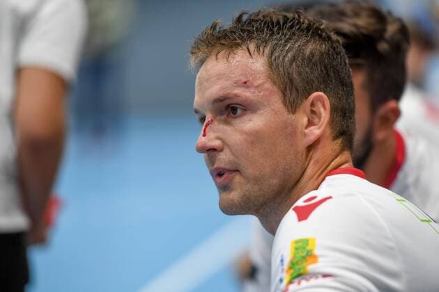 HANDBALL - EHF Cup, Hard vs Bozen HARD,AUSTRIA,07.SEP.19 - HANDBALL - EHF Cup, qualification, HC Hard vs SSV Bozen. Image shows Dean Turkovic (Bozen). Keywords: injury. GEPAxpictures xOliverxLerch