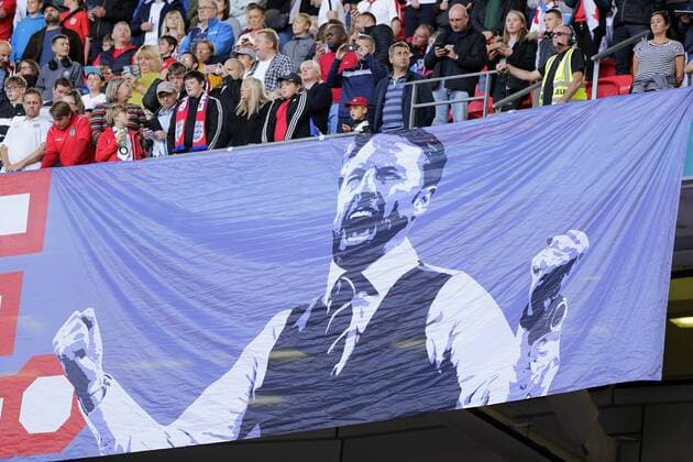 7th September 2019; Wembley Stadium, London, England; European Championships 2020 Qualifier, England versus Bulgaria; Giant flag of England Head Coach Gareth Southgate in the stands inside Wembley Stadium - Editorial Use Only.  ActionPlus12166070 JohnxPatrickxFletcher