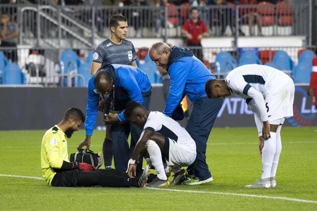 September 7, 2019, Toronto, Ontario, Canada: Cuban Goalkeeper Sandy Sanchez (1) suffers an injury during the Canada vs Cuba - Nations League qualifier game Canada vs Cuba - Nations League qualifier - ZUMAm154 20190907_zap_m154_021 Copyright: xAngelxMarchinix