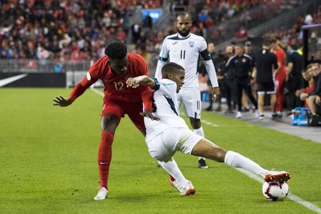 September 7, 2019, Toronto, Ontario, Canada: Yordan Santa Cruz (11), Alejandro Portal (8) and Alphonso Davies (12) in action during the Canada vs Cuba - Nations League qualifier game Canada vs Cuba - Nations League qualifier - ZUMAm154 20190907_zap_m154_026 Copyright: xAngelxMarchinix