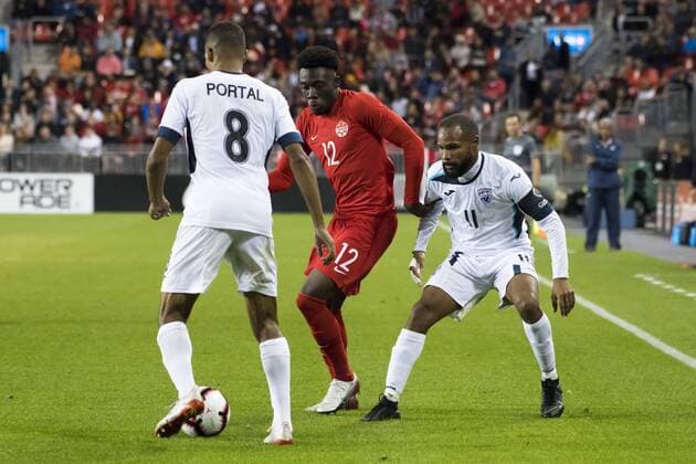 September 7, 2019, Toronto, Ontario, Canada: Yordan Santa Cruz (11), Alejandro Portal (8) and Alphonso Davies (12) in action during the Canada vs Cuba - Nations League qualifier game Canada vs Cuba - Nations League qualifier - ZUMAm154 20190907_zap_m154_017 Copyright: xAngelxMarchinix