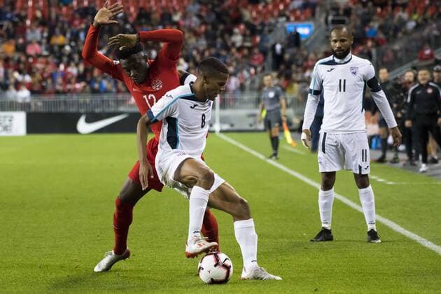 September 7, 2019, Toronto, Ontario, Canada: Yordan Santa Cruz (11), Alejandro Portal (8) and Alphonso Davies (12) in action during the Canada vs Cuba - Nations League qualifier game Canada vs Cuba - Nations League qualifier - ZUMAm154 20190907_zap_m154_013 Copyright: xAngelxMarchinix