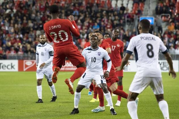 September 7, 2019, Toronto, Ontario, Canada: Aricheell Hernandez (10), Alejandro Portal (8) and Jonathan David (14) in action during the Canada vs Cuba - Nations League qualifier game Canada vs Cuba - Nations League qualifier - ZUMAm154 20190907_zap_m154_011 Copyright: xAngelxMarchinix