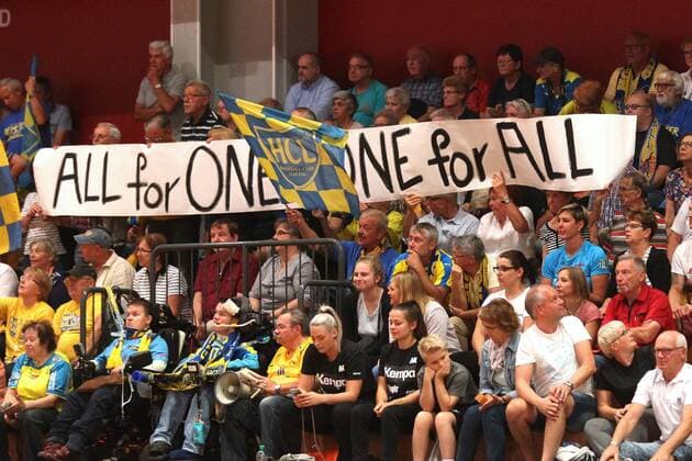 Handball, 2 HBF, HC Leipzig vs. TVB Wuppertal, 08 09 2019 Handball, 2 Bundesliga Women, HBF, Season 2019 2020 HC Leipzig vs. TVB Wuppertal on 08 09 2019 in the Sporthalle Bruederstrasse Leipzig In the picture HCL, Leipzig, fans, spectators, banner, transparent, All for one, one for all, All for one Copyright: xBEAUTIFULxSPORTS JanxKaeferx