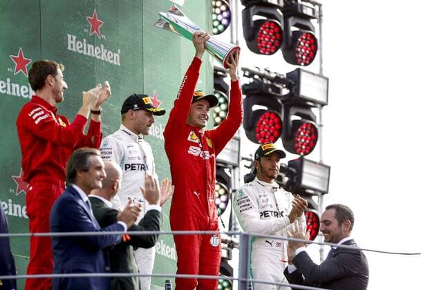 Motorsports: FIA Formula One World Championship, WM, Weltmeisterschaft 2019, Grand Prix of Italy, 77 Valtteri Bottas (FIN, Mercedes AMG Petronas Motorsport), 16 Charles Leclerc (MCO, Scuderia Ferrari Mission Winnow), 44 Lewis Hamilton (GBR, Mercedes AMG Petronas Motorsport), Monza Italy