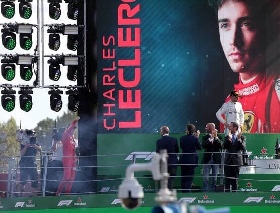 FORMULA 1 GRAN PREMIO HEINEKEN D ITALIA 2019 08 09 2019, Autodromo Nazionale di Monza, Monza, FORMULA 1 GRAN PREMIO HEINEKEN D ITALIA 2019, in the picture podium winner Charles Leclerc MCO 16 , Scuderia Ferrari Mission Winnow, 2 place for Valtteri Bottas FIN 77 , Mercedes AMG Petronas Motorsport, 3 place for Lewis Hamilton GB 44 , Mercedes AMG Petronas Motorsport nordphotoxBratic nph00250