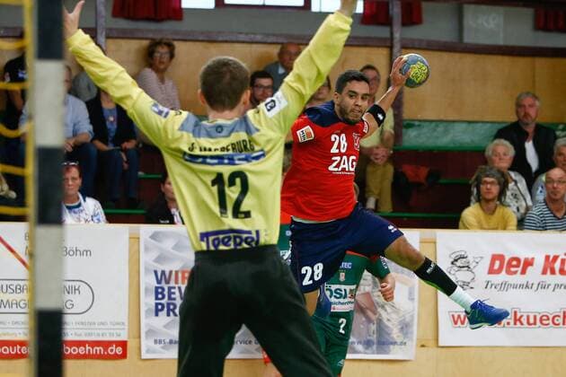 08 09 2019, xtgx, Handball 3 League, SC Magdeburg II TUS VinnhorstI emspor, v l Matheus Costa Dias Vinnhorst scores goal, scorer, scored goal, scores the goal Magdeburg scores goal, scoring goal, scoring goal, scoring goal, scoring goal, scoring goal