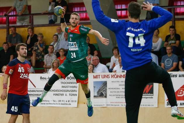 08 09 2019, xtgx, Handball 3 League, SC Magdeburg II TUS VinnhorstI emspor, v l Justus Kluge Magdeburg scores goal, scorer, scored goal, scores the goal Magdeburg scores goal, scoring goal, scoring goal, scoring goal, scoring goal, scoring goal