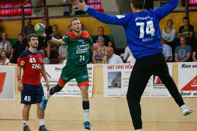 08 09 2019, xtgx, Handball 3 League, SC Magdeburg II TUS VinnhorstI emspor, v l Justus Kluge Magdeburg scores goal, scorer, scored goal, scores the goal Magdeburg scores goal, scoring goal, scoring goal, scoring goal, scoring goal, scoring goal