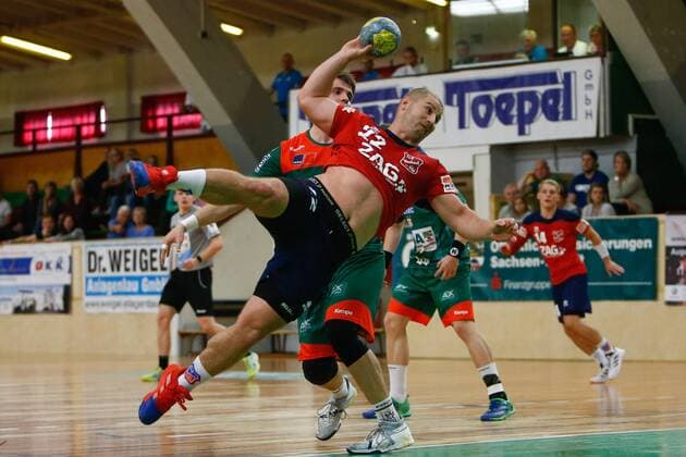 08 09 2019, xtgx, Handball 3 League, SC Magdeburg II TUS VinnhorstI emspor, v l Milan Mazic Vinnhorst scores goal, goal scorer, scored goal, scores the goal Magdeburg