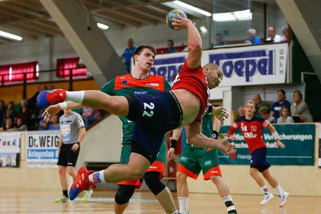 08 09 2019, xtgx, Handball 3 League, SC Magdeburg II TUS VinnhorstI emspor, v l Milan Mazic Vinnhorst scores goal, goal scorer, scored goal, scores the goal Magdeburg