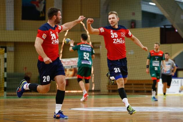 08 09 2019, xtgx, Handball 3 League, SC Magdeburg II TUS VinnhorstI emspor, v l Kai Lemke and Yannik Muessner Vinnhorst Jubel, Torjubel, jubilelt über das Tor, celebrate the goal, celebration Magdeburg